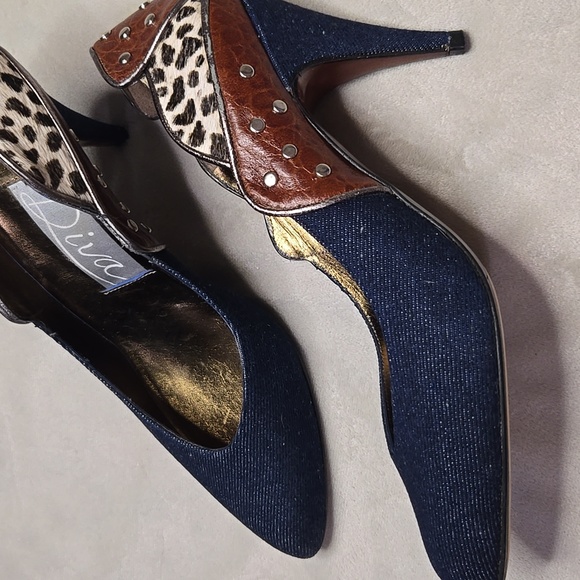 VINTAGE DENIM KITTEN HEEL Diva Blue and Brown Stiletto Heels with Elegant Design - Picture 4 of 11